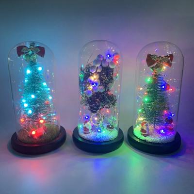 China Christmast Decoration Prelit Snow Assembled Christmas Tree 2022 Small Tabletop Mini Artificial Christmas Tree in Glass Dome with Lights for Christmas Decor for sale