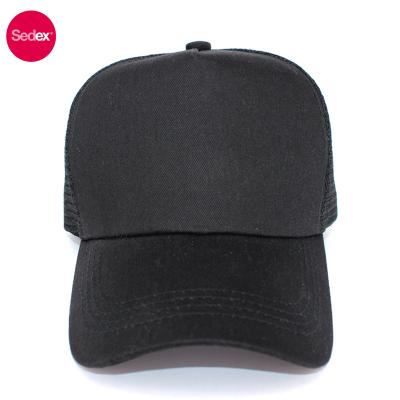 China SEDEX 4-Pillar Custom Black 4-Pillar Hat Factory Plain 5 Panels JOINT Mesh Trucker Hats for sale