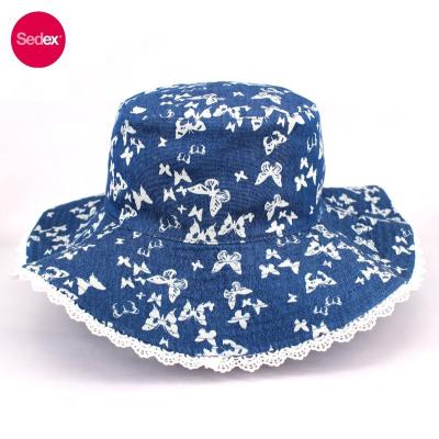 China Character Kids Butterfly Sun Hat Denim Fabric Lace Bucket Hat for sale