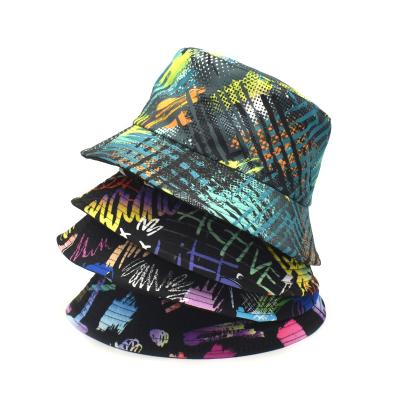 China Unisex Double Sided Big Brim Bucket Hat Hip Hop Hip Hop Print Sunscreen Street Wear Travel Wear Graffiti Sunscreen Fisherman Bucket Hats for sale