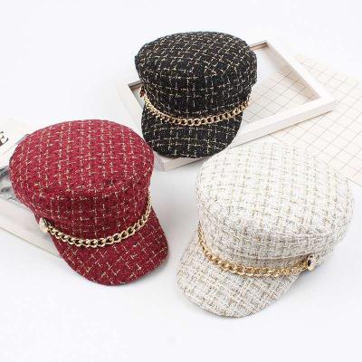 China Korean new image wholesale women's street wear floppy chain trend fashion military cap peaked beret cap hat for sale