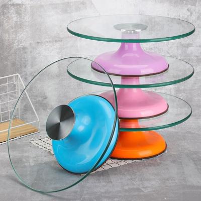 China Custom Pink Green Round Tempered Glass Round Tabletop Rotating Baking Rotating Cake Pastry Pedestal for Decorations for sale