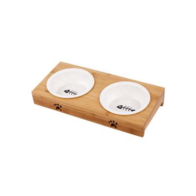 China Non-automatic Wooden Support Table Pet Bowls With Double Ceramic Bowls Eco Friendly Dog Bowl For Cats for sale