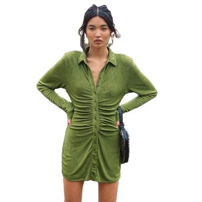 China Guangzhou plus size women's fashion shirt dresses button pleated slim long sleeve casual dress for ladies for sale