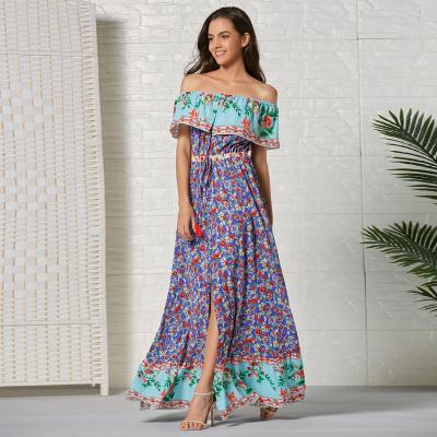 China Breathable Viscose Off The Shoulder Boho Floral Print Casual Dress for sale