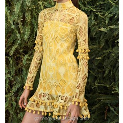 China Viable High Neckline Long Sleeve Yellow Lace Evening Dress for sale