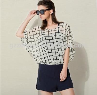 China Chic Summer Anti-Pilling Check Tops Latest Design Girl Top With Batwing Sleeve for sale