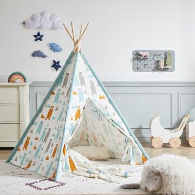 China 100% Canvas 4 Side Soft Cotton Toy Kids Teepee Tent Bear Print Indoor Teepee Tent For Kids Play House for sale