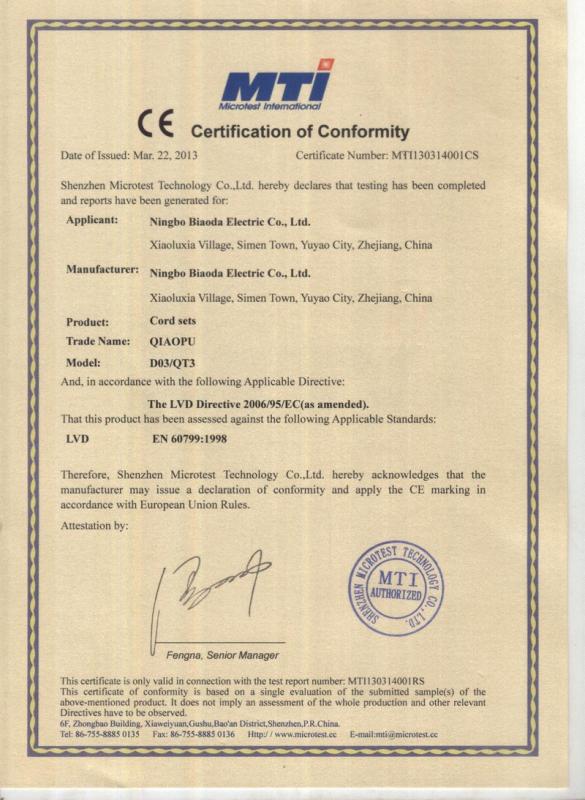 CE - Ningbo Biaoda Electric Appliance Co., Ltd.