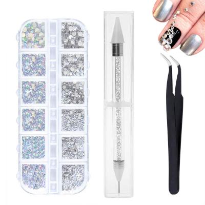 China Eco-Friendly Flat Back Round Crystal Rhinestones, 6 Sizes With Tweezers & Pen & Storage Pick Box for sale