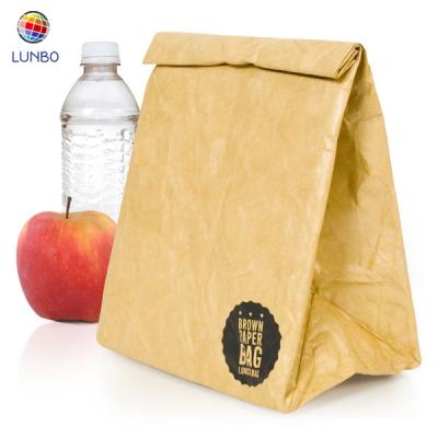 China Custom Foldable Top Eco Cooler Brown Paper Handled Tyvek Lunch Bag Reusable Waterproof Insulated Freezable Bag For Women Man for sale