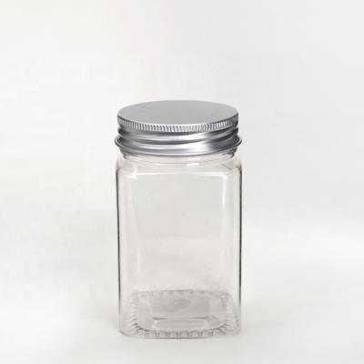 China Food Square Shape 250ml 300ml 350ml 400ml 450ml 500ml Clear PET Jars Food Storage Jars Plastic Candy Jar With Aluminum Lid for sale