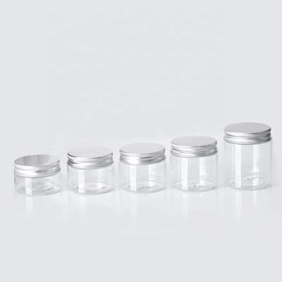 China 25g 30g 40g 50g 60g 80g 100g 120g 150g Cosmetic Clear Plastic Jars With Silver Metal Lids Pet Food Safe Storage Containers for sale