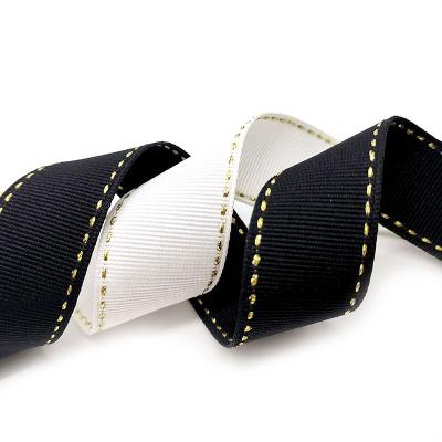 China BestPrice floral wholesale customize character personalized gold stitched black white grosgrain ribbon for gift wrapping for sale