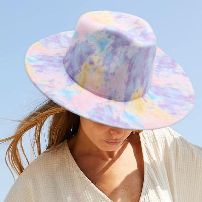 China Fashionable Multi Color Plush Tie Dye Fedora Hat For Women Men Hit Wide Brim Panama Jazz Hat Style for sale