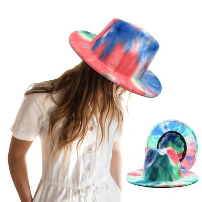 China Classic Plush Tie Dye Fedora Hat For Women Men Wide Brim Panama Jazz Hat Tie-Dye Hat For Party Costumes for sale