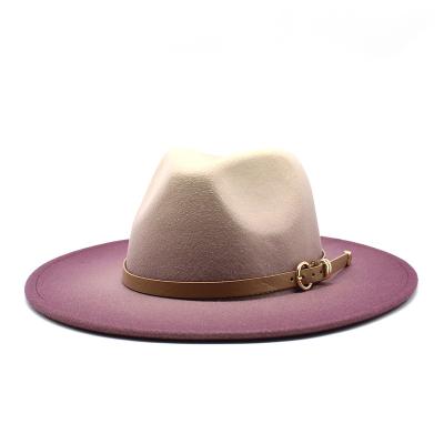 China New Unisex Plush Two Color Spray Paint Gradient Color Wide Brim Jazz Fedora Hat With Stylish Belt for sale