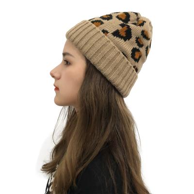 China JOINT Women's New Design Leopard Print Curved Knitted Warm Thick Hats for sale