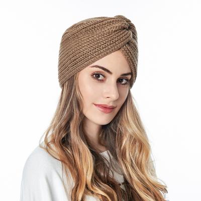 China COMMON Wholesale Women's Indian Muslim Hat Solid Color Woolen Cross Knit Sweater Hats 2020 Warm Knitted Hats for sale