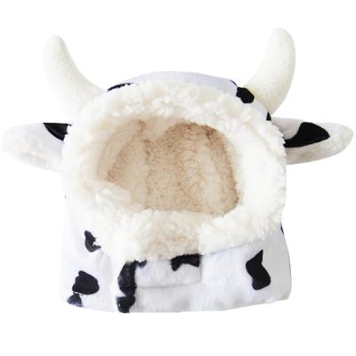 China Dogs Party Cosplay Pet Hat Winter Cute Viable Animal Print Cow Wool Liner Cow Wool Liner Warm Hats With Cute Horn for sale