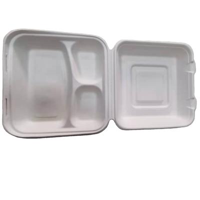 China Minimalist Food Containers 3 Compartments Biodegradable Sugar Cane Lunch Box Food Container Hamburger Clamshell Box for sale