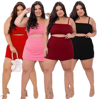 China Breathable Ribbed Fabric Plus Size Crop Top And Mini Skirt 2 Piece Set For Fat Women for sale