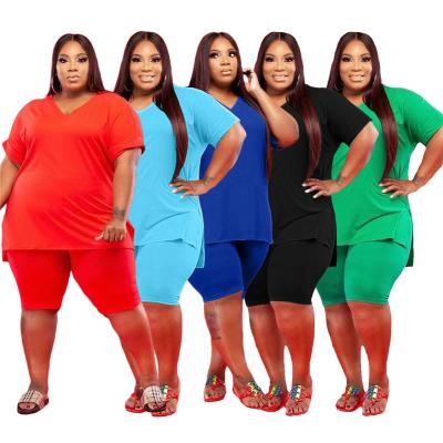 China Breathable Large Size V-Neckline 5X Pure Color Fashion Two-Piece Women Set Plus Size Women's Clothing 2021 Summer for sale