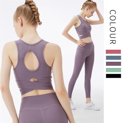 China Breathable Cross Yoga Shirt Organic Fabric Yoga Suit Seamless Active Wear Yoga Workout Fitness Sets for sale