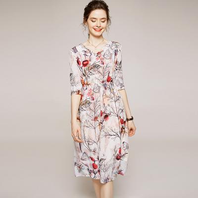 China Breathable Floral Printing Nine Sleeve Ladies Summer Multi Quarter Sleeve Casual Elegant Shirt Dress for sale