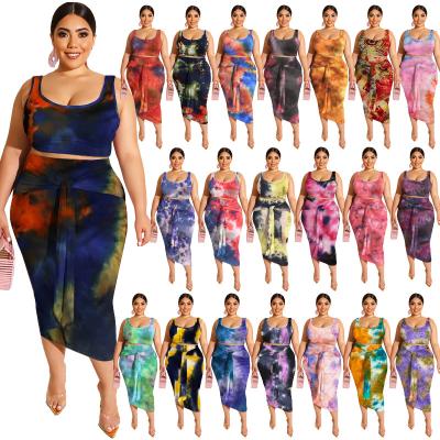 China 2021 Summer Breathable Tie Dye Sleeveless Two Piece Set Dress Plus Size Ladies Bodycon Dresses for sale