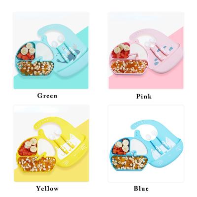 China BPA Free Toddler Silicone Bibs Dinner Dish Dinnerware Set BPA Free Baby Tableware Feeding Spoon And Fork With Straw Sets for sale