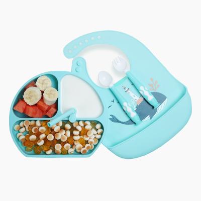 China BPA Free Silicone Kids Dinnerware Bibs Dinner Dish Feeding Set Baby Tableware Spoon and Fork Free with Straw Sets for sale