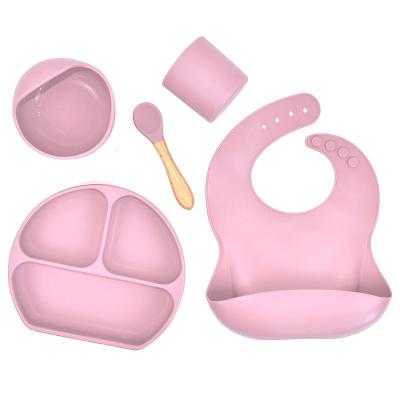 China BPA Free Silicone Kids Puddle Bibs Suction Bowl Feeding Anti Plaque Kids Snack Cup Tableware Set with Spoon for sale