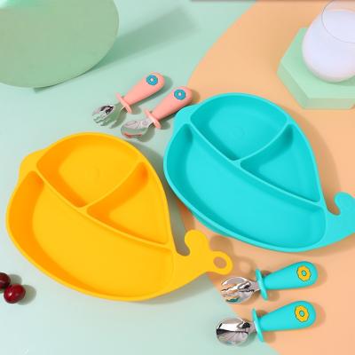 China BPA Free Silicone Food Dish Suction Baby Feeding Dish Set Bpa Free Children Tableware With Stainless Steel Fork Spoon for sale