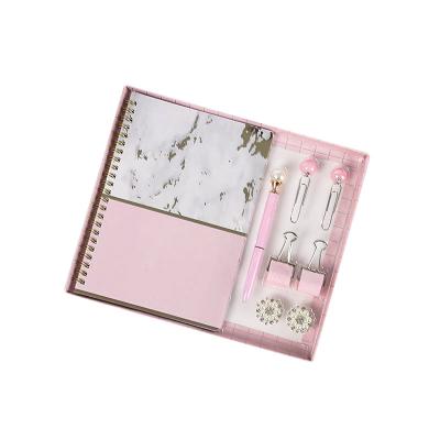 China Marble Pink Stationery Lady's Gift Notebook Set with Pen Clips Pop Hard Cover Notebook for sale