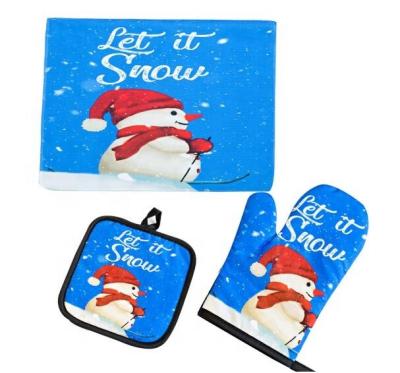 China Festival Decoration 3Pcs/set Kitchen Mitts Christmas Microwave Mitt Anti-hot Mat Set For Grill Gloves Oven Mitts Warm Insulation Baking for sale