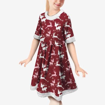 China Breathable Christmas Reindeer Gift Black Pattern Christmas Presents Christmas Kids Short Sleeve Plush A Line Dress For Girl Dress for sale