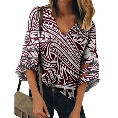 China Anti-pilling New Arrive Oversize Women Clothes Girls American Samoa Polynesian Plumeria Print Polynesian Plumeria V-Neck 3/4 Bell Sleeve Loose Shirt Chiffon for sale