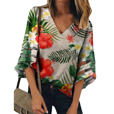 China Anti-pilling New Fashion Autumn Clothing For Women Blue Hibiscus Yellow And Red Flowers Bottom Graphic Design Printed Aloha Tops Blouse for sale