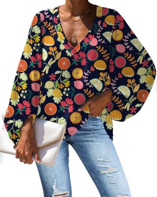 China Anti-pilling Workout Shirt Women's Long Sleeve Colorful Fruit Print Women's V-Neck Crepe Casual Blouses Long Sleeve Free Shipping Items In for sale