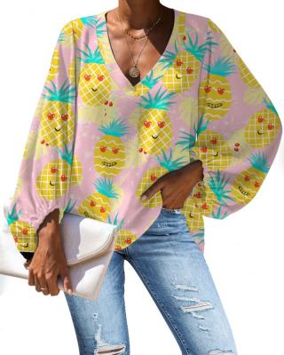 China Women's Anti-Pilling Sheath Chiffon 1pcs Ladies Summer Long Sleeve Shirt Women Blouse Tops T-Shirts Casual Funny Tropical Pineapple Design Long Chiffon 1pcs for sale