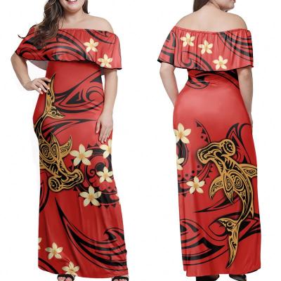 China Anti-Static Polynesian Samoan Tribal Style Print Purple Ruffle Maxi Dresses Factory Price Off The Shoulder Women's Party Clothing One for sale