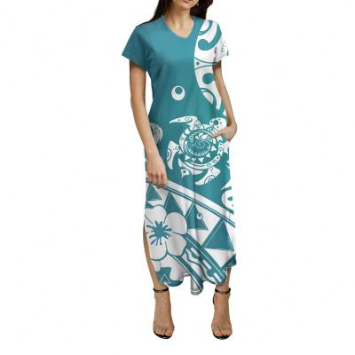 China Anti-Wrinkle New Arrive Polynesian Tapa Sea Turtle Tribal Wave Pattern Casual Short V-Neck Loose Slit Maxi Dress Womens Summer for sale