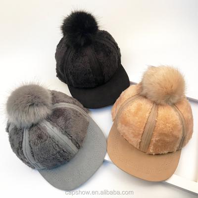 China Plush Suede Snapback Hat With Plush Patch Baby Custom Hat With Pom Pom Winter Hat for sale