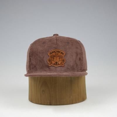 China JOINT Corduroy Snapback Hat With Custom 5 Panel Leather Flat Patch Cap for sale