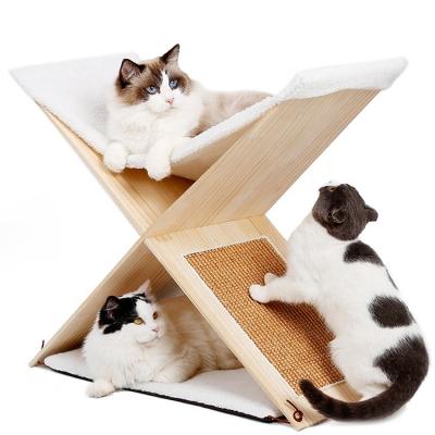 China Viable Pet Toys Interactive Solid Wooden Cat Hammock Cat Scratcher Foldable Pet Bed for sale