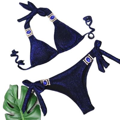 China Antibacterial factory hot sale swimwear for ladies fashion lurex fabric bikini jacquard beach wear with jewel trimmings for women for sale