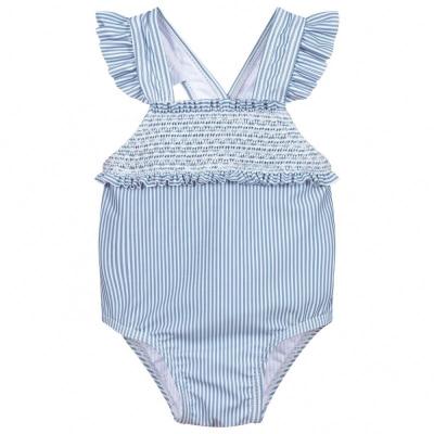 China 2021 Fashion Breathable One Piece Blue Striped Ruffles Smocked Swimsuit For Kids Girls for sale