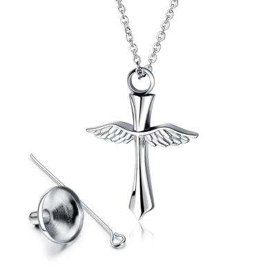 China Stainless Steel TRENDY Angel Wing Urn Ashes Pendant Necklace, Trendy Memorial Cremation Keepsake Ashes Jewelry Amazon Cross Necklace for sale