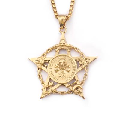 China Hiphop Men's Hippie Skull Head Stainless Steel Gold Star Pendant Silver Necklace, Wiccan Pentagram Supernatural Inspired Pendant Large for sale